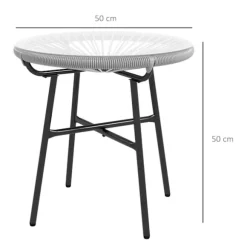Rattan Sidebord, Bistrobord, Sofabord Med Glasbordplade, Rundt, Til Terrasse, Balkon, Sort + Grå, 50X50X50Cm