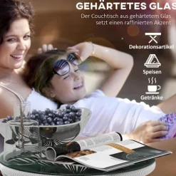 Rattan Sidebord, Bistrobord, Sofabord Med Glasbordplade, Rundt, Til Terrasse, Balkon, Sort + Grå, 50X50X50Cm
