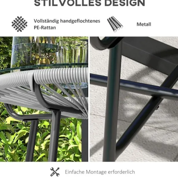 Rattan Sidebord, Bistrobord, Sofabord Med Glasbordplade, Rundt, Til Terrasse, Balkon, Sort + Grå, 50X50X50Cm