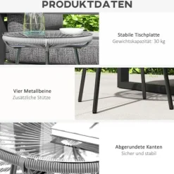 Rattan Sidebord, Bistrobord, Sofabord Med Glasbordplade, Rundt, Til Terrasse, Balkon, Sort + Grå, 50X50X50Cm