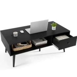 Rektangulær COSTWAY Sofabord, 1 Skuffe og Åben Opbevaringshylde, Stuebord 109 x 55 cm, til Kontorværelse, Sort Svart