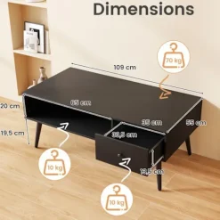 Rektangulær COSTWAY Sofabord, 1 Skuffe og Åben Opbevaringshylde, Stuebord 109 x 55 cm, til Kontorværelse, Sort Svart