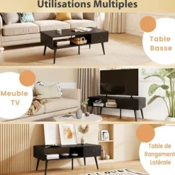 Rektangulær COSTWAY Sofabord, 1 Skuffe og Åben Opbevaringshylde, Stuebord 109 x 55 cm, til Kontorværelse, Sort Svart