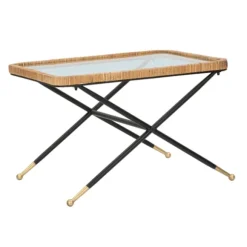 Rektangulært sofabord, glasplade, rattanstel, 70x50x45 cm