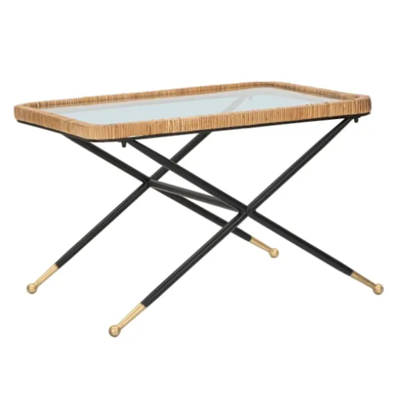 Rektangulært sofabord, glasplade, rattanstel, 70x50x45 cm