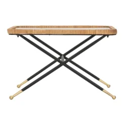 Rektangulært sofabord, glasplade, rattanstel, 70x50x45 cm