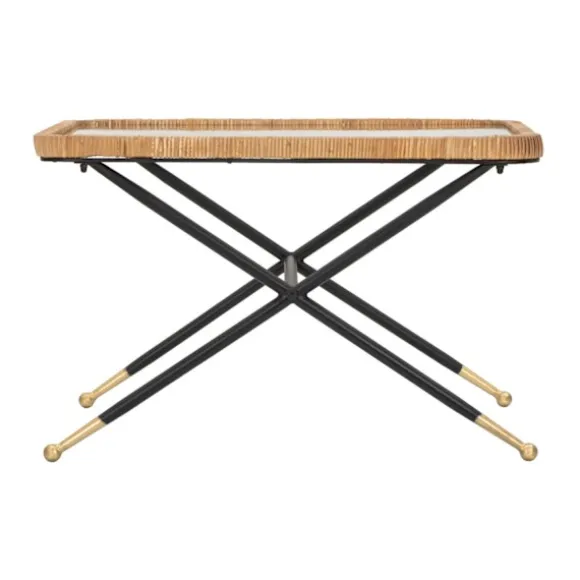 Rektangulært sofabord, glasplade, rattanstel, 70x50x45 cm