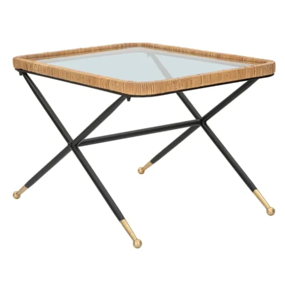 Rektangulært sofabord, glasplade, rattanstel, 70x50x45 cm