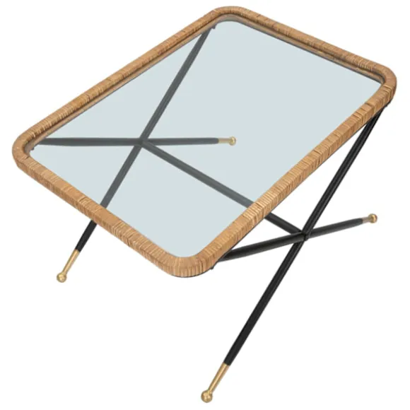 Rektangulært sofabord, glasplade, rattanstel, 70x50x45 cm