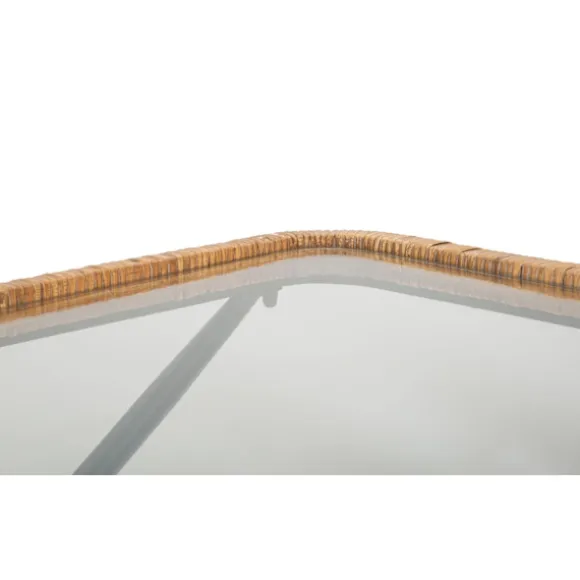 Rektangulært sofabord, glasplade, rattanstel, 70x50x45 cm