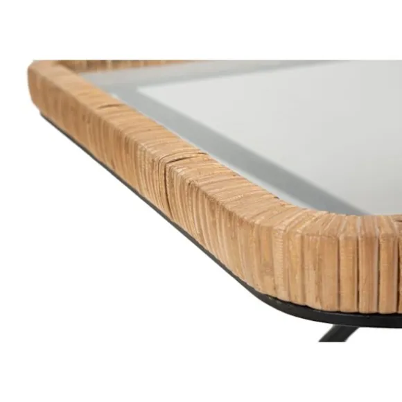 Rektangulært sofabord, glasplade, rattanstel, 70x50x45 cm