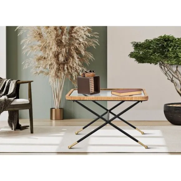 Rektangulært sofabord, glasplade, rattanstel, 70x50x45 cm