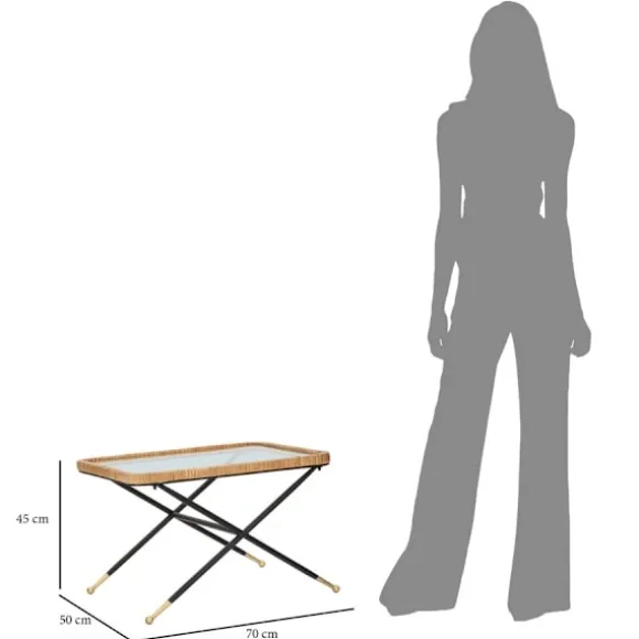 Rektangulært sofabord, glasplade, rattanstel, 70x50x45 cm