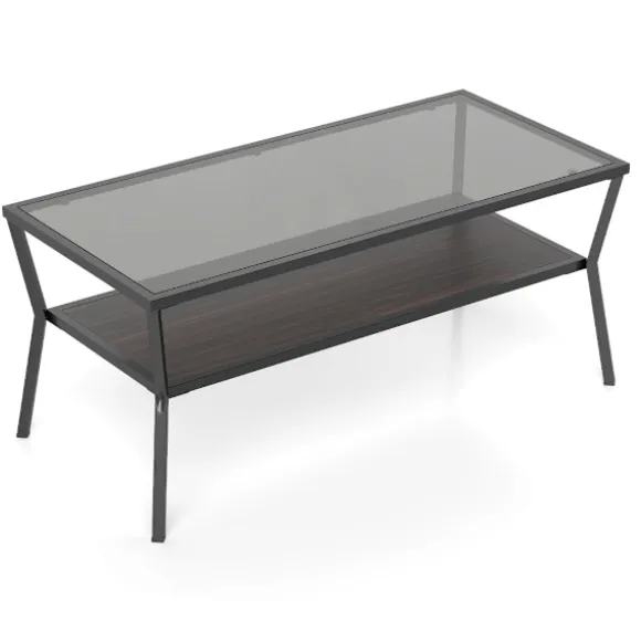Rektangulært sofabord i glas med metalramme, opbevaring i 2 niveauer
