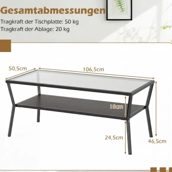 Rektangulært sofabord i glas med metalramme, opbevaring i 2 niveauer