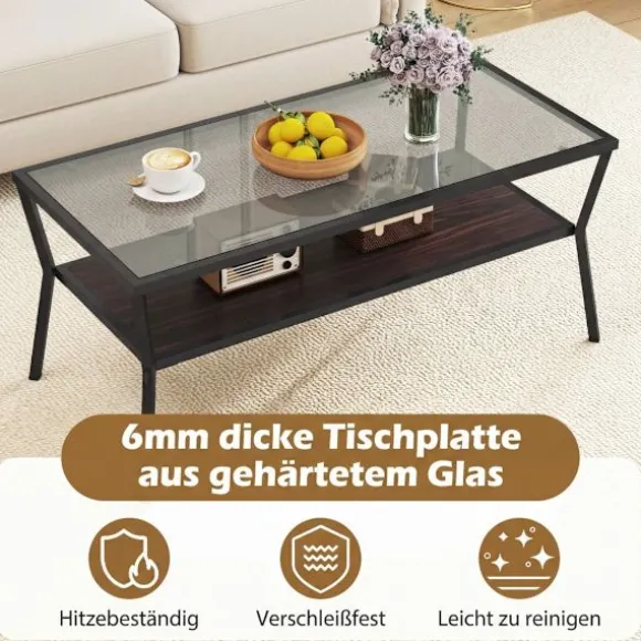Rektangulært sofabord i glas med metalramme, opbevaring i 2 niveauer