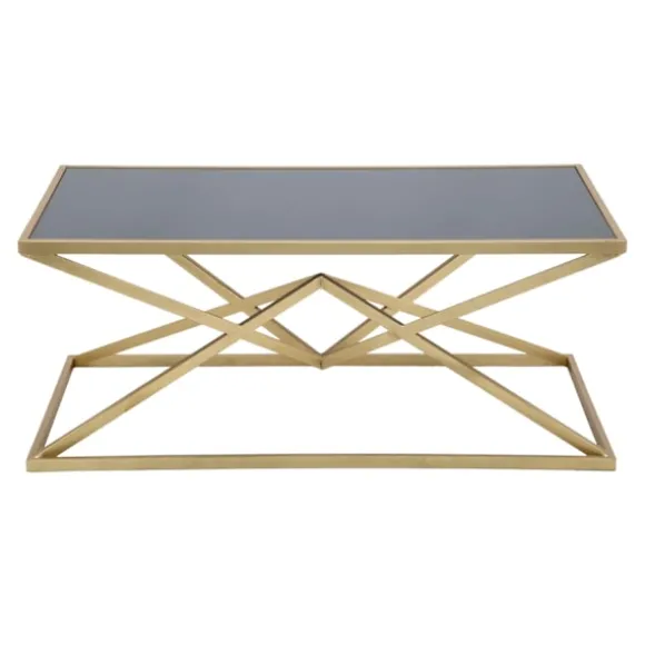 Rektangulært sofabord i guld, sort glasplade, 110x60x45 cm