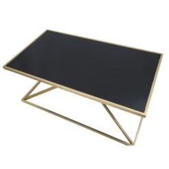 Rektangulært sofabord i guld, sort glasplade, 110x60x45 cm