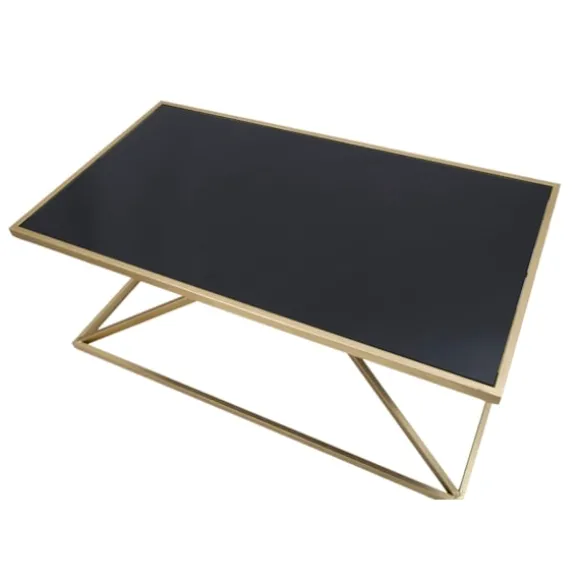 Rektangulært sofabord i guld, sort glasplade, 110x60x45 cm