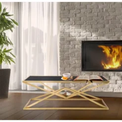 Rektangulært sofabord i guld, sort glasplade, 110x60x45 cm