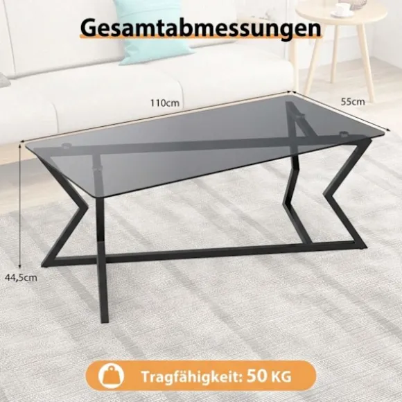 Rektangulært sofabord med hærdet glasplade og metalstel