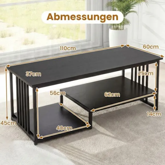 Rektangulært sofabord med 2 hylder, sort metalstel