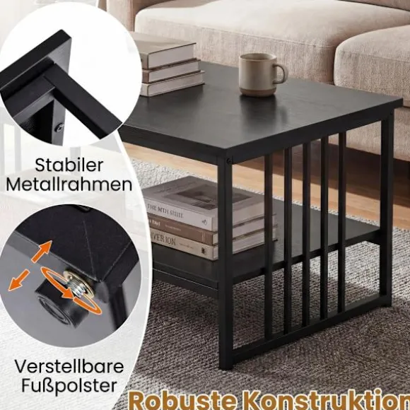 Rektangulært sofabord med 2 hylder, sort metalstel