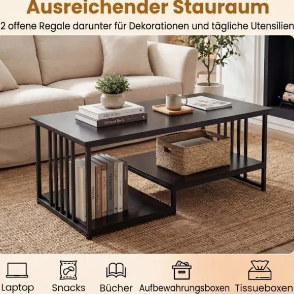 Rektangulært sofabord med 2 hylder, sort metalstel