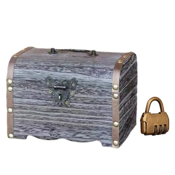 Retro Træmønt Sparegris Vintage Opbevaringsboks med Lås Skattekiste Smykker Armbånd Perle Ring Organizer til Etui -L/for M/SM