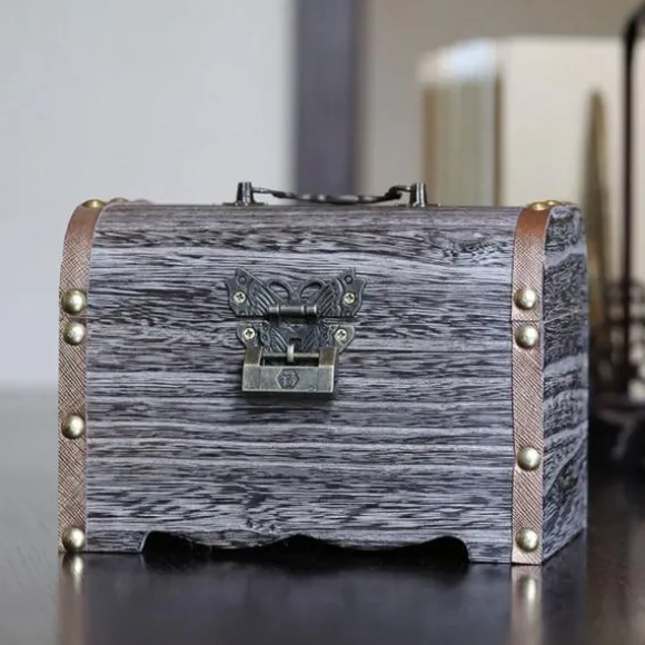 Retro Træmønt Sparegris Vintage Opbevaringsboks med Lås Skattekiste Smykker Armbånd Perle Ring Organizer til Etui -L/for M/SS