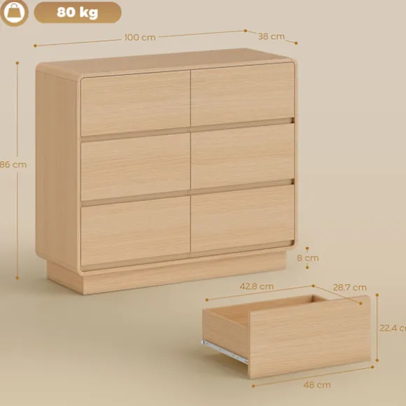 Rootz 100 cm Skænk Buffetskab – Opbevaringskommode, Kommode – 6 skuffer, Sikkerhedsafrundede kanter, Brun, 100x38x86 cm til hjemmet