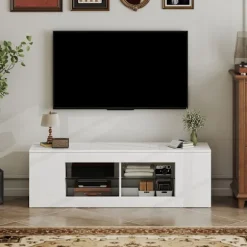Rootz 140 cm TV-stander - TV-skab - Underholdningskonsol - Opbevaringsorganisator - Lyser rummet - Hvid spånplade - 140x35x42,5 cm