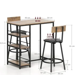 Rootz 3 -delt spisesæt med barbord - lille køkkensæt - rumbesparende spisning - ekstra opbevaring, 90 x 50 x 90,5 cm bord, 36 x 47 x 91 cm stole