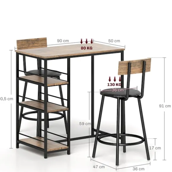 Rootz 3 -delt spisesæt med barbord - lille køkkensæt - rumbesparende spisning - ekstra opbevaring, 90 x 50 x 90,5 cm bord, 36 x 47 x 91 cm stole