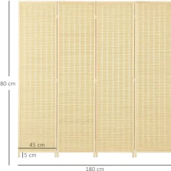 Rootz 4 -delt værelse Divider - Privatlivsskærm - Foldbar partition - Natural Bambus - 180 cm x 180 cm - Let opbevaring til stue, soveværelse