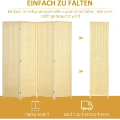 Rootz 4 -delt værelse Divider - Privatlivsskærm - Foldbar partition - Natural Bambus - 180 cm x 180 cm - Let opbevaring til stue, soveværelse