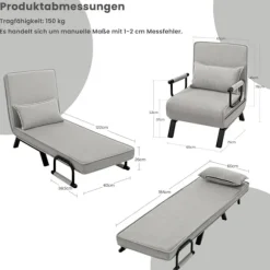 Rootz 3 i 1 Sleep Armchair - Convertible stol - Justerbar hvilestol - Rumbesparende - Linnegrå - 65 x 78 x 75 cm