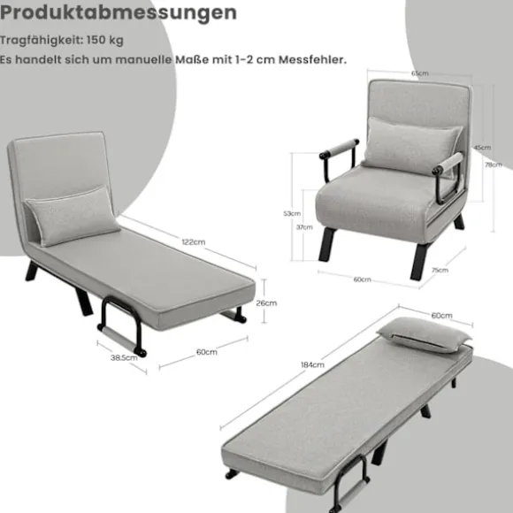Rootz 3 i 1 Sleep Armchair - Convertible stol - Justerbar hvilestol - Rumbesparende - Linnegrå - 65 x 78 x 75 cm