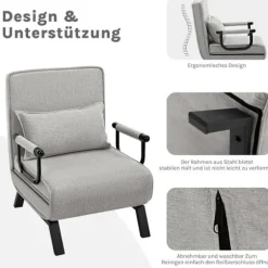 Rootz 3 i 1 Sleep Armchair - Convertible stol - Justerbar hvilestol - Rumbesparende - Linnegrå - 65 x 78 x 75 cm