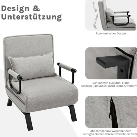 Rootz 3 i 1 Sleep Armchair - Convertible stol - Justerbar hvilestol - Rumbesparende - Linnegrå - 65 x 78 x 75 cm