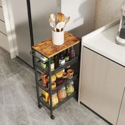 Rootz 4 Level Trotering Trolley - Kitchen Cart - Smal Niche Shelf - Vintage Brown Black - Rumbesparende design - 22 x 45,4 x 77 cm