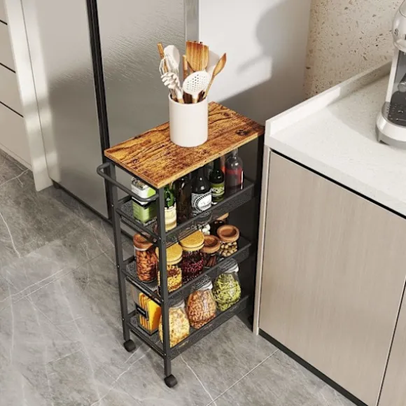 Rootz 4 Level Trotering Trolley - Kitchen Cart - Smal Niche Shelf - Vintage Brown Black - Rumbesparende design - 22 x 45,4 x 77 cm