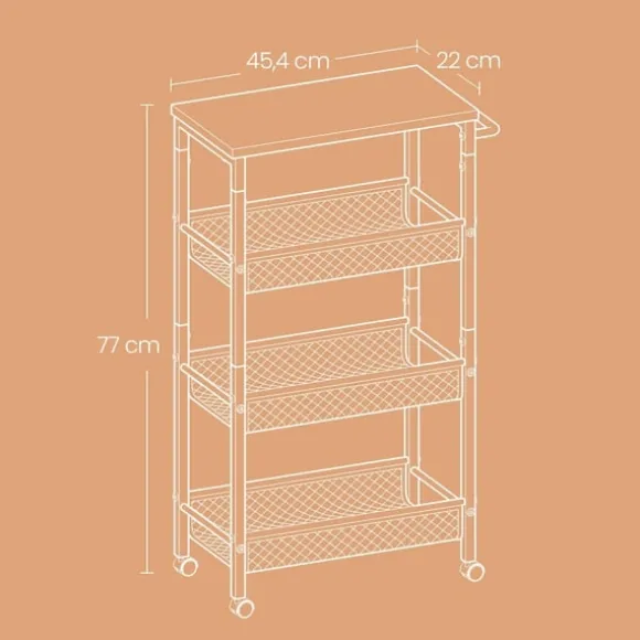 Rootz 4 Level Trotering Trolley - Kitchen Cart - Smal Niche Shelf - Vintage Brown Black - Rumbesparende design - 22 x 45,4 x 77 cm