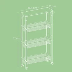 Rootz 4 Niveau Rolling Kitchen Cart - Smal Niche Shelf - Trolley on Rollers - Compact Storage Solution - 13 cm x 45,4 cm x 77 cm
