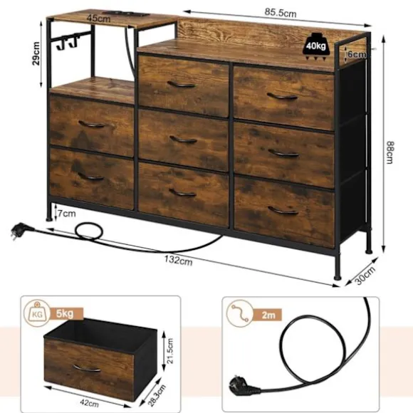 Rootz 8 skuffe bryst - kommode - opbevaringsenhed - vintage design - metalramme - øger opbevaring - 132 x 88 x 30 cm
