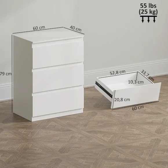 Rootz 3 skuffer kommode – Kommode – Opbevaringsskab – Håndtagsløst, moderne design, organiserer tøj – 60x40x79cm Hvid spånplade