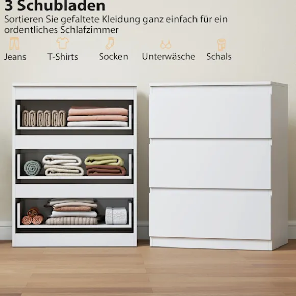 Rootz 3 skuffer kommode – Kommode – Opbevaringsskab – Håndtagsløst, moderne design, organiserer tøj – 60x40x79cm Hvid spånplade