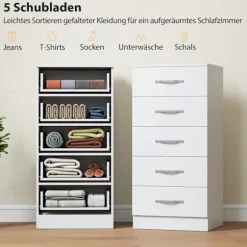 Rootz 5 skuffer kommode – Tøjopbevaringsenhed – Kommode, organisering – Pladsbesparende, moderne design – Hvid spånplade – 40x35x85cm