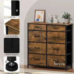 Rootz 8 skuffer stof kommode - Kommode - Opbevaringsorganisering - Letvægts - Robust - Vintage stil - 86 cm x 98 cm x 30 cm