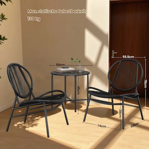 Rootz 3 -stykke balkonmøbler sæt - havemøbler - gårdhave sæt - pe -polyrattan - blæk sort - 50 cm x 45 cm tabel, 68 cm x 74 cm x 78 cm stole